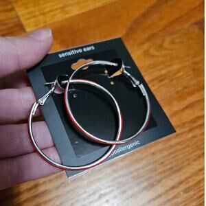 Sensitive Ears Red & Silver-Tone Hoop Earrings ~ NEW ~ Hypoallergenic
